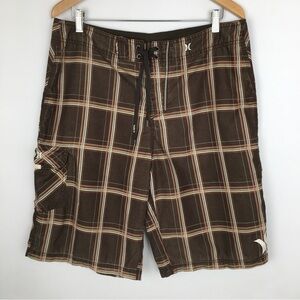 Hurley Plaid Board Shorts Brown Cream Orange Men’s Size 34